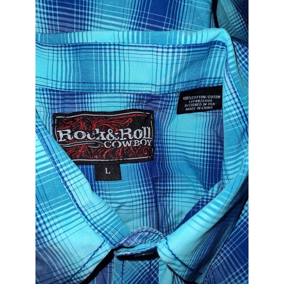 Rock & Roll Cowboy Snap Button Blue Plaid Long Sleeve Shirt Sz L - Picture 3 of 3